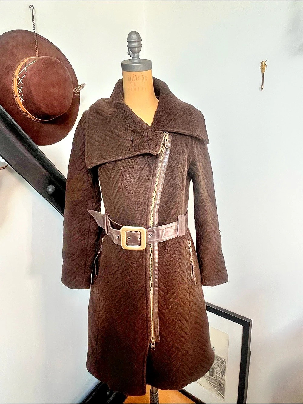 Mackage Brown Belted knitted winter coat with braided detailed pockets and belt